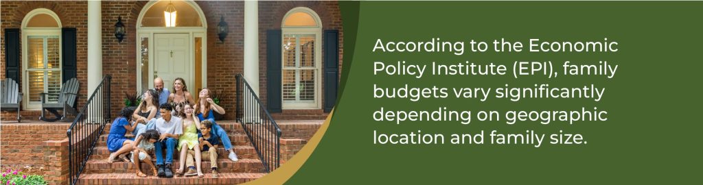 According to the Economic Policy (EPI), family budgets vary significantly depending on geographic location and family size. 